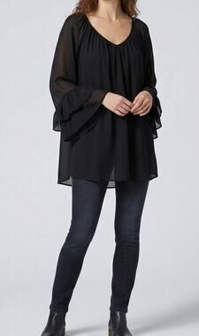 C est 1946 XL Black Womens Flowy Bell Sleeve Top V Neck 100% Polyester